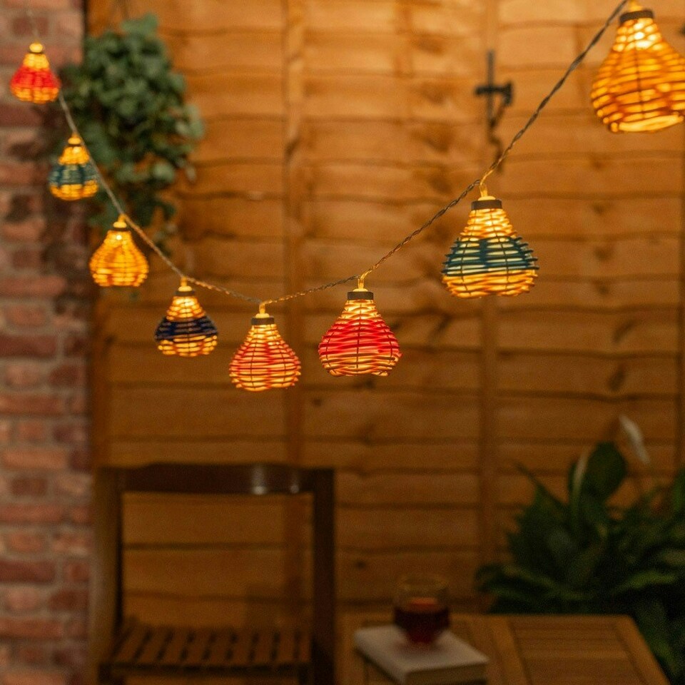 image 1 of ValueLights 10 x Battery Operated Outdoor Multi Coloured Rattan Garden String Lights
