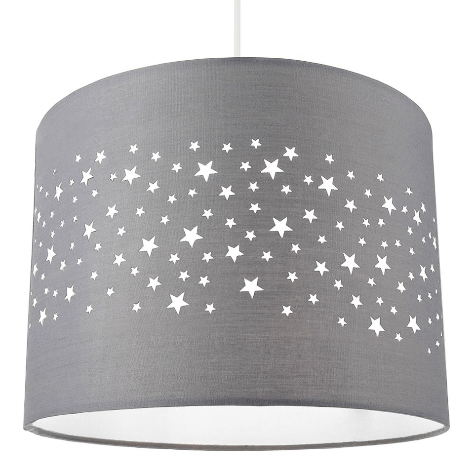 image 1 of Stars Decorated Children/Kids Soft Grey Cotton Bedroom Pendant or Lamp Shade | Grey | Grey | 1
