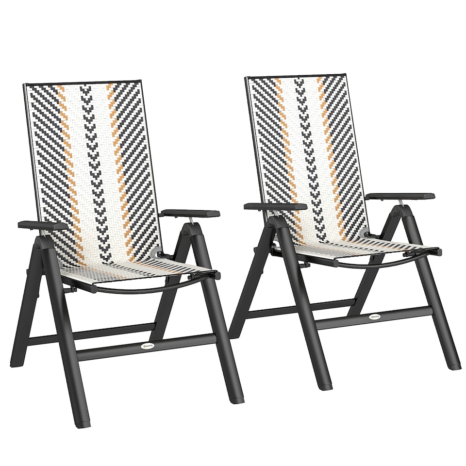 image 1 of Outsunny Folding Rattan Garden Chairs Set of 2, 5-Position Reclining Garden Dining Chairs, High Back PE Wicker Outdoor Recliners with Armrest and Steel Frame for Patio, Terrace, Balcony, Black | Black | Black