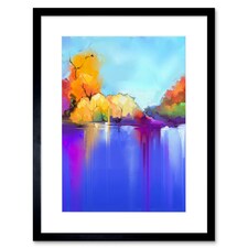 Colourful Autumn Lakeside Forest Lake Landscape Painting 9x7" Black Framed Wall Art Print