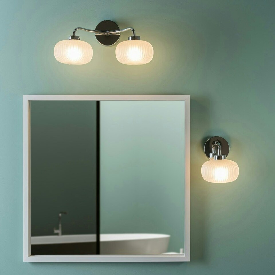 image 1 of ValueLights Amaia Pair of Polished Chrome IP44 Single Frosted Ribbed Glass Wall Lights