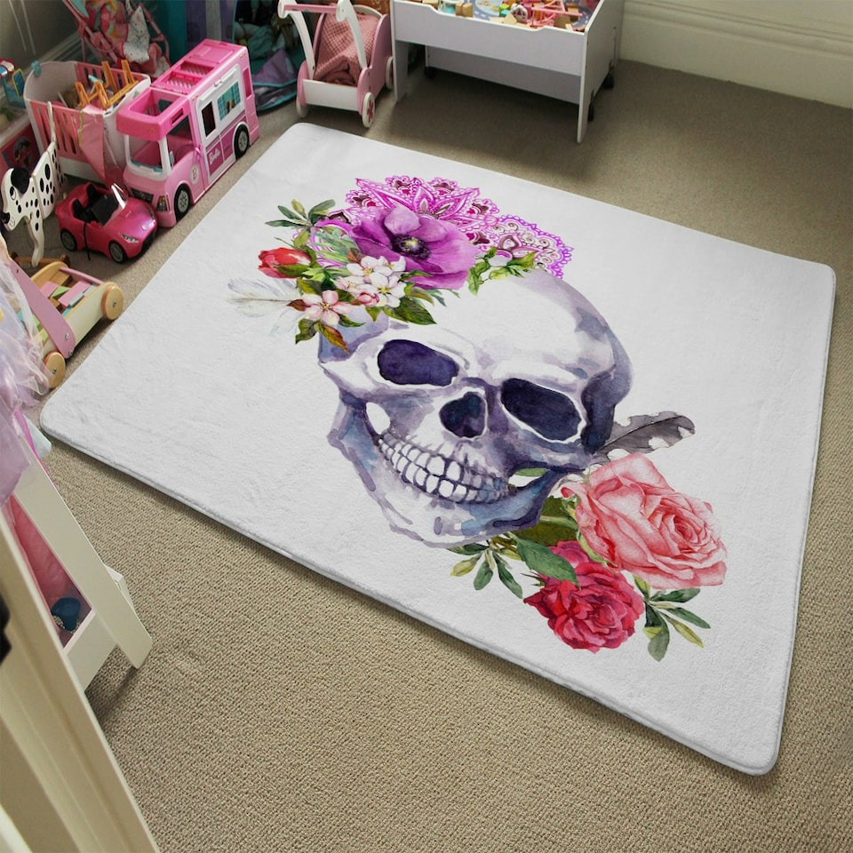 image 1 of Human skull with flowers (Rug) Pink | Medium: 80x150cm