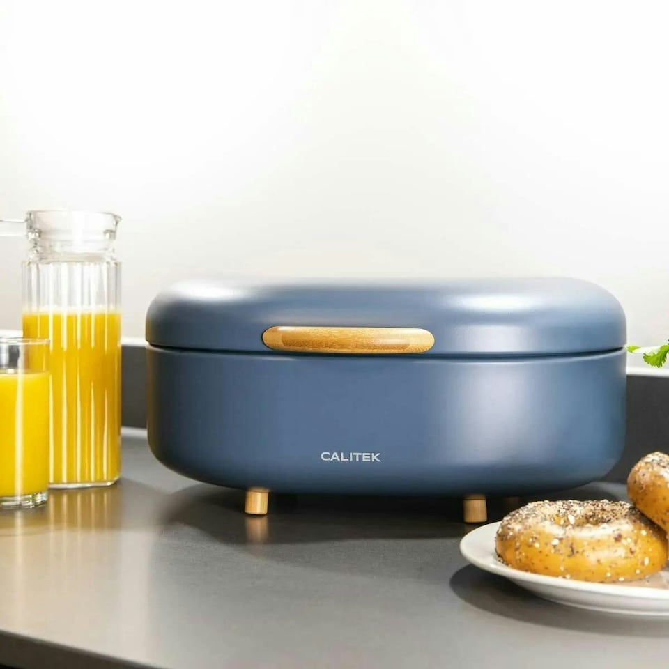 image 1 of CALITEK Bread Bin with Bamboo Feet Carbon Steel Blue