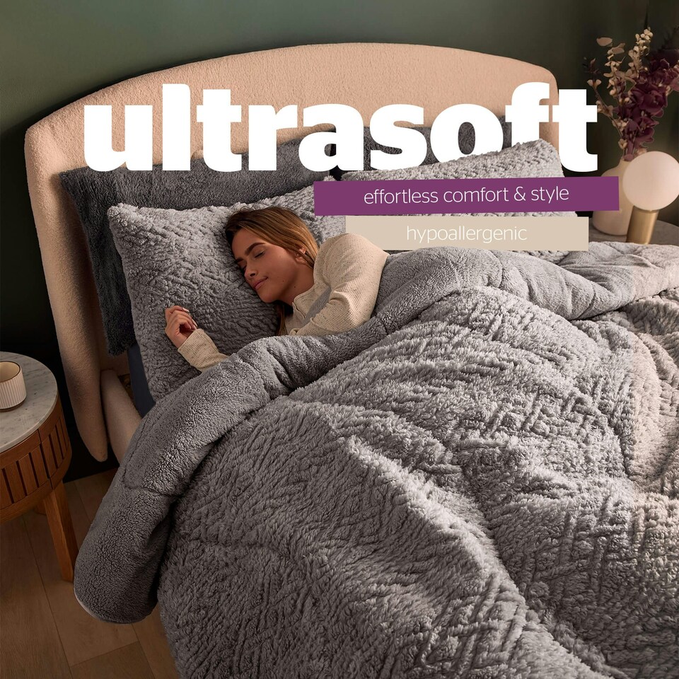 image 1 of Silentnight 10.5 Tog Teddy Fleece Coverless Duvet and Pillowcase Set Grey | Grey | Super King