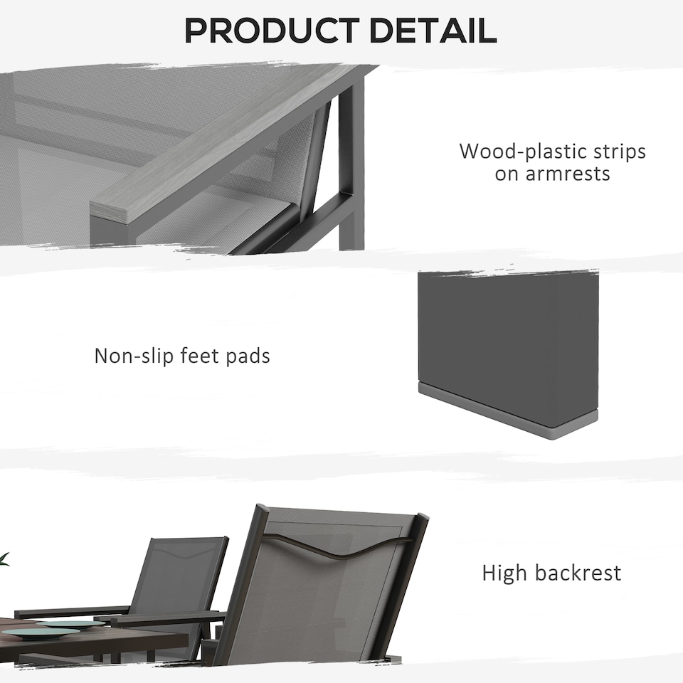 image 1 of Outsunny 7 Pieces Garden Dining Set with Glass Top Dining Table, Outdoor Patio Table and 6 Armchairs with Texteline Fabric Seats and Backrest, Wood-plastic Composite Armrests Top, Grey