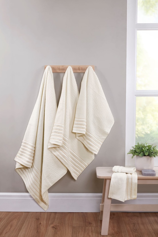 image 1 of Linear Pure Cotton Bath Towels Set Of 2 | Cream | Bath towel | 2