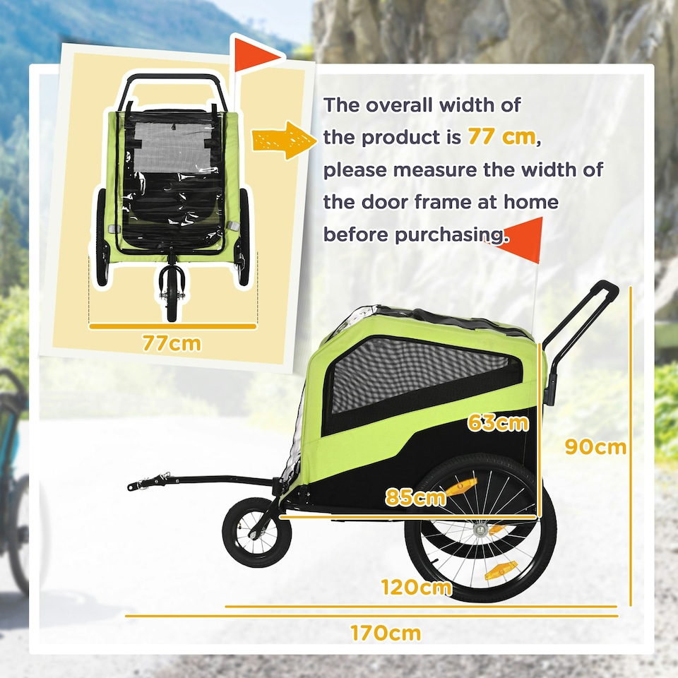 image 1 of PawHut 2 in 1 Dog Bike Trailer Pet Stroller for Large Dogs W/ Hitch - Green