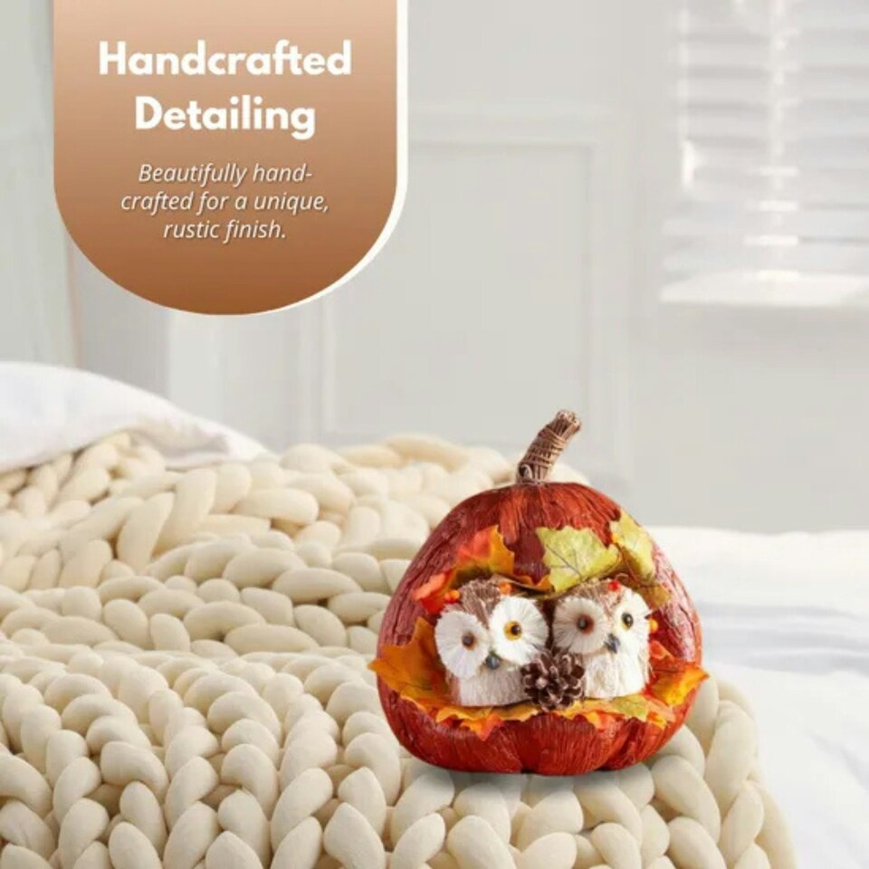 image 1 of Marco Paul Autumn Pumpkin Ornament with Owls Fall Decoration 17cm