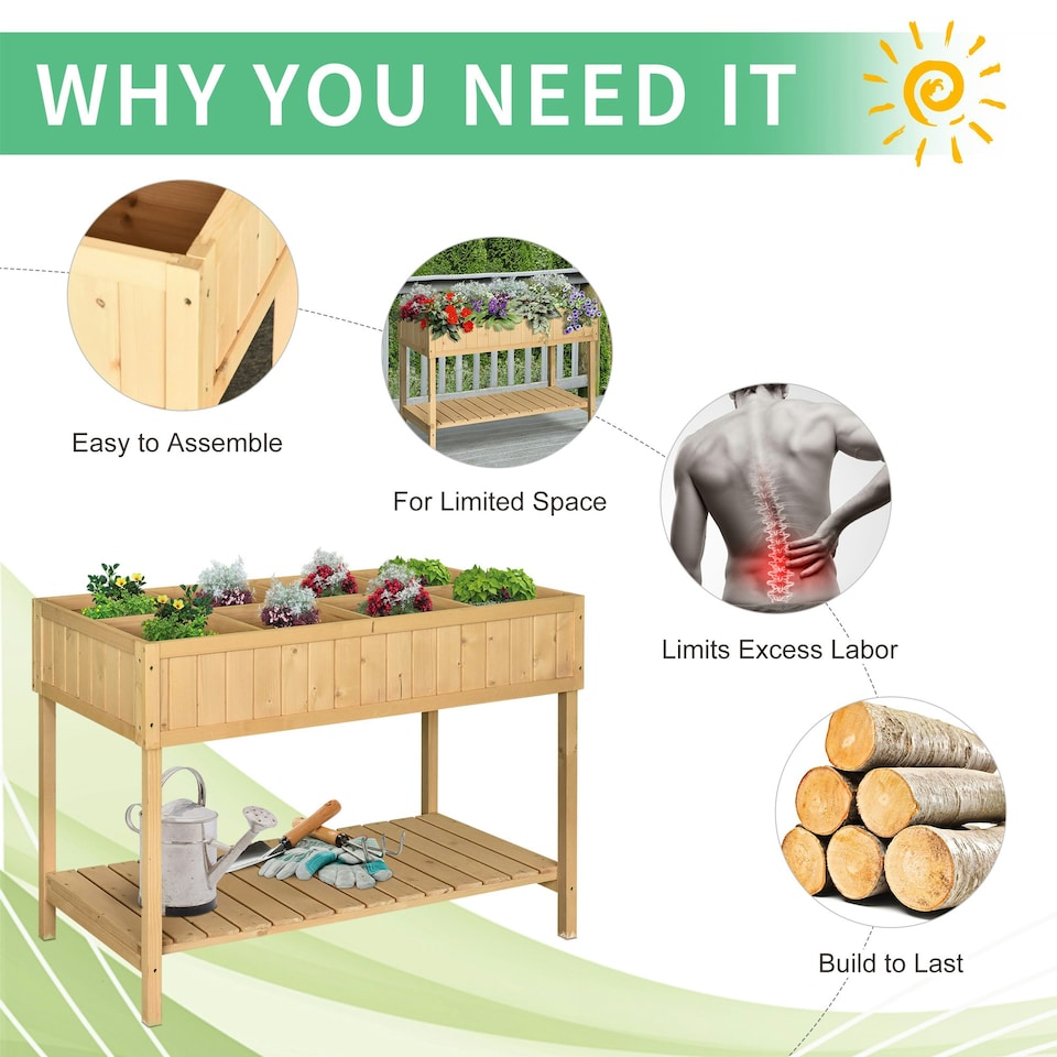 image 1 of Outsunny Wooden Herb Planter Stand 8 Cubes Bottom Shelf Raised Bed Natural