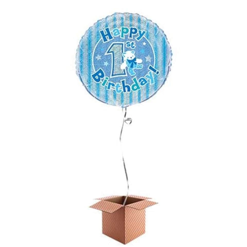 Happy 1st Birthday Blue Holographic Round Foil Balloon - Inflated Balloon in a Box
