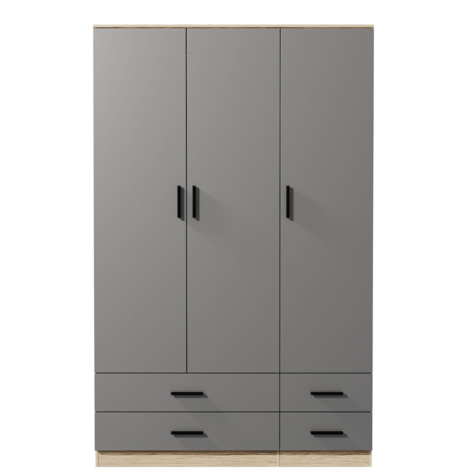 image 1 of 3 Door 4 Drawer Wardrobe With Hanging Rail And Storage Shelf | Brown | Oak Carcass & Grey Door | 1