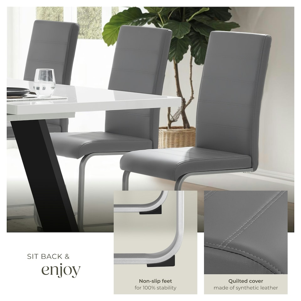 image 1 of Dining Chairs - cantilevered, high backrest, flat steel frame - Set of 4 Grey