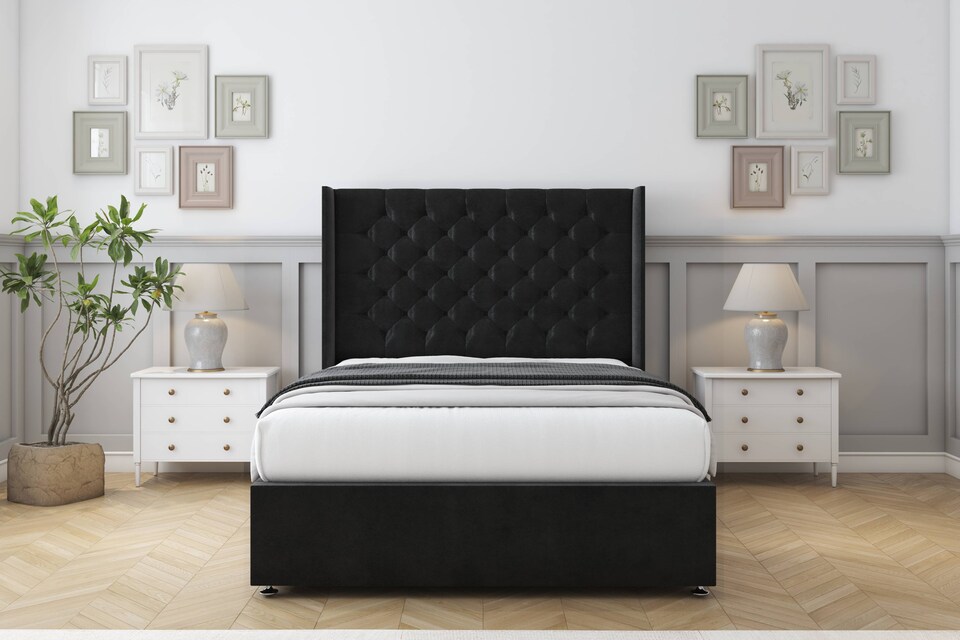 image 1 of Sloomy Dior Black Plush Divan Bed Base 2 Drawers Foot-End With 54 Inch Wingback Headboard | Black | Black | Double | 1