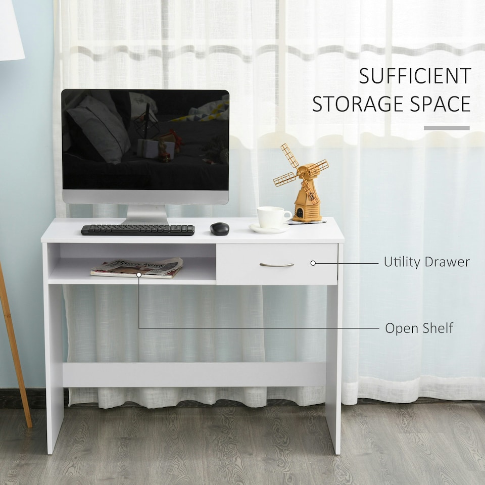 image 1 of HOMCOM Modern Computer Work Desk Table Study Shelf Drawer Writing Station White