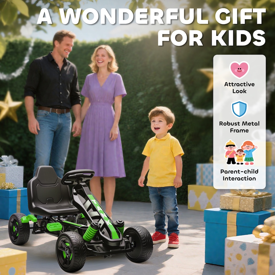 image 1 of AIYAPLAY Pedal Go Kart, Ride on Racer with Freewheel System, Brake, Non-Slip EVA Wheels, Metal Frame, Go Kart for Kids Ages 3-6 Years | Green
