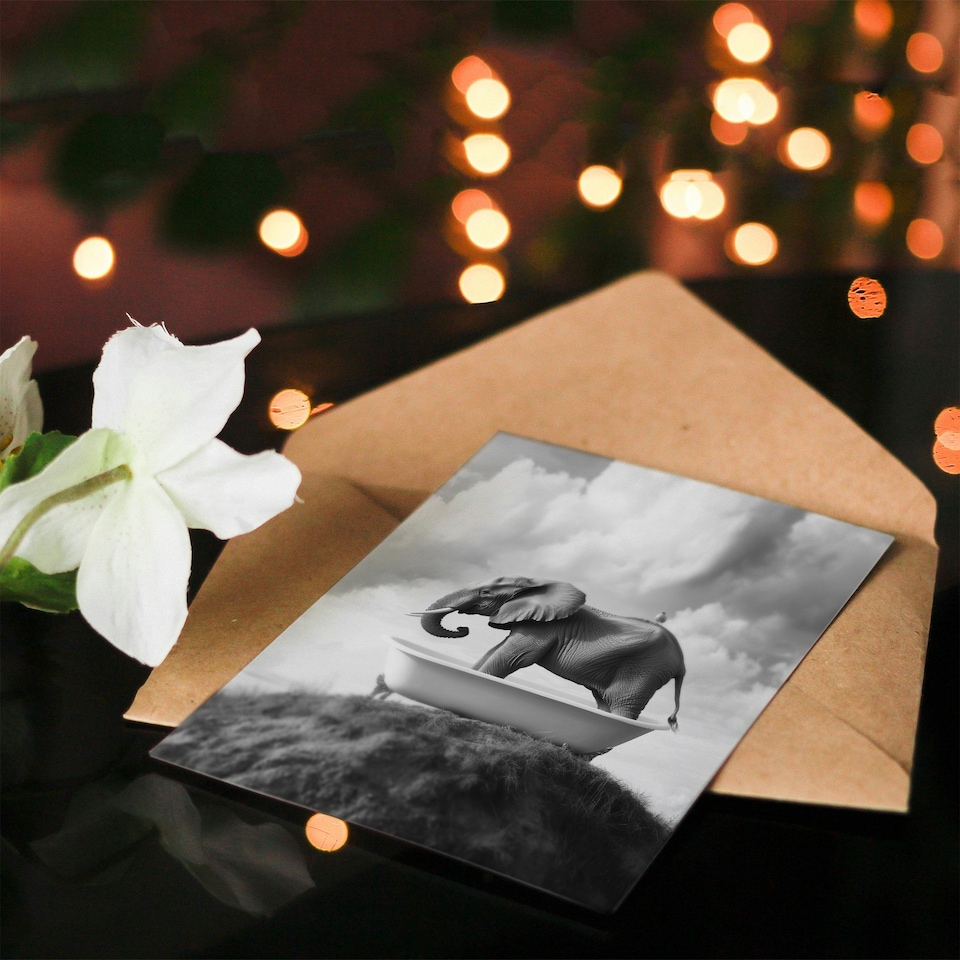 image 1 of Elephant in Bathtub on a Hill Black White Surreal Birthday Greeting Card
