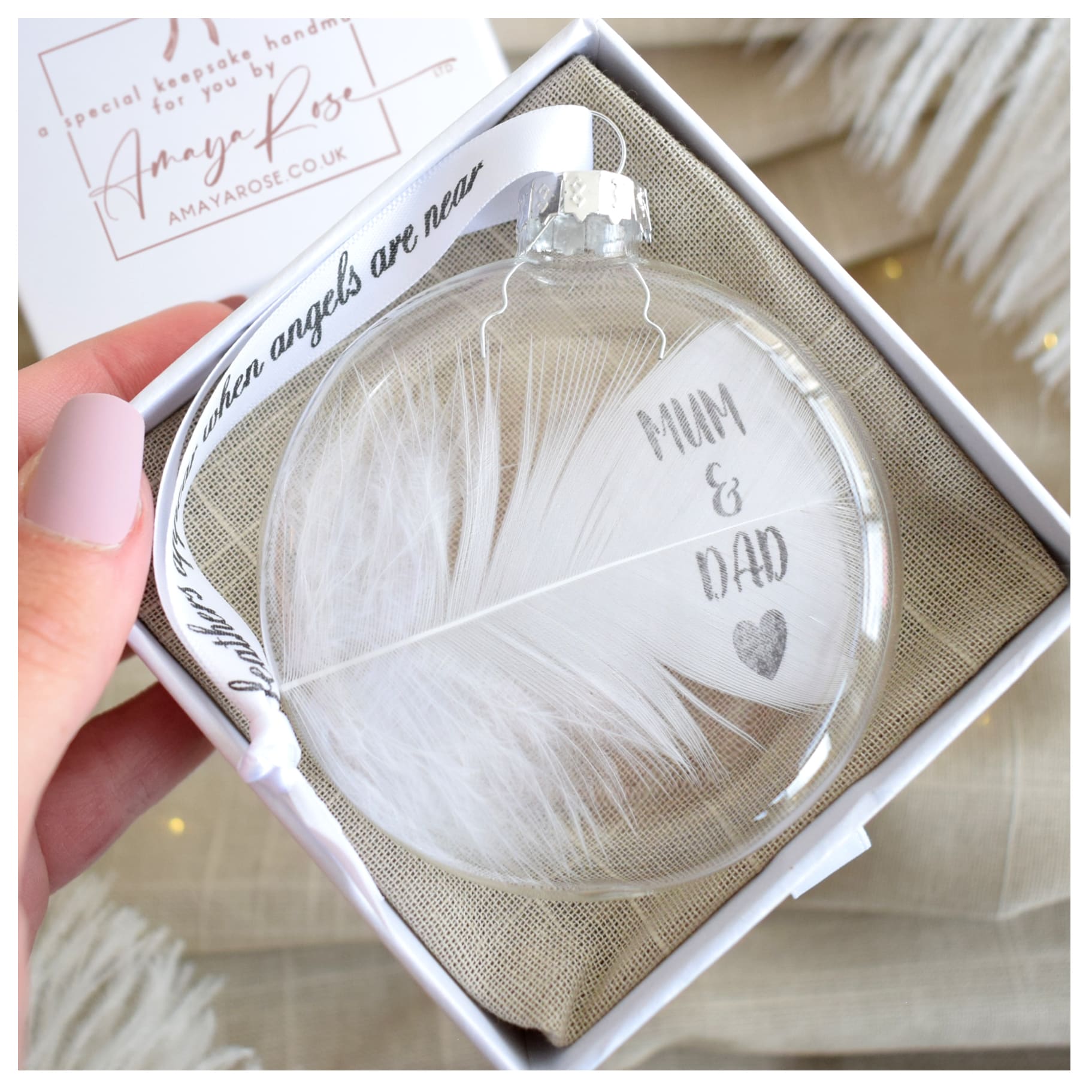 Amaya Rose Ltd In Memory of Mum & Dad Round Feather Bauble Remembrance Gift Boxed in Clear