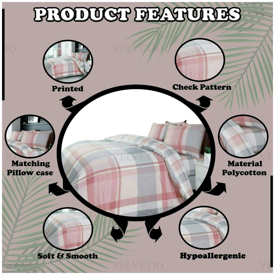 image 1 of VELVETIO Waverly Check Duvet Cover Set Reversible Polycotton Easy Care Beddings Pink | Blush Pink | Double