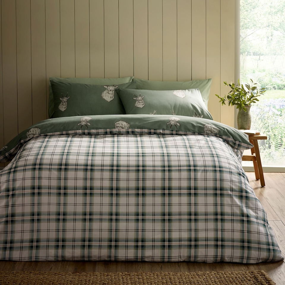 image 1 of Catherine Lansfield Stag Check Reversible Duvet Cover Set