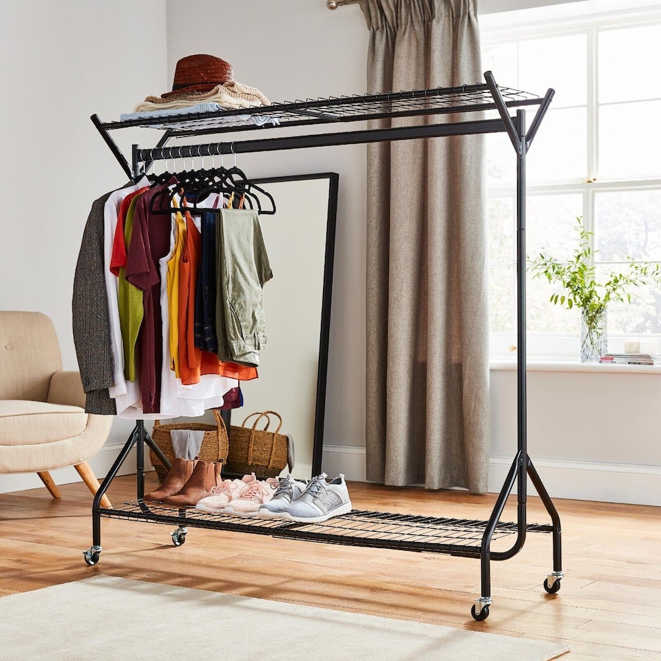 image 1 of House of Home Clothing Rail Heavy Duty Hanging Clothes Shoe Hat Rack Shelves With Wheels 4ft x 5ft | Black