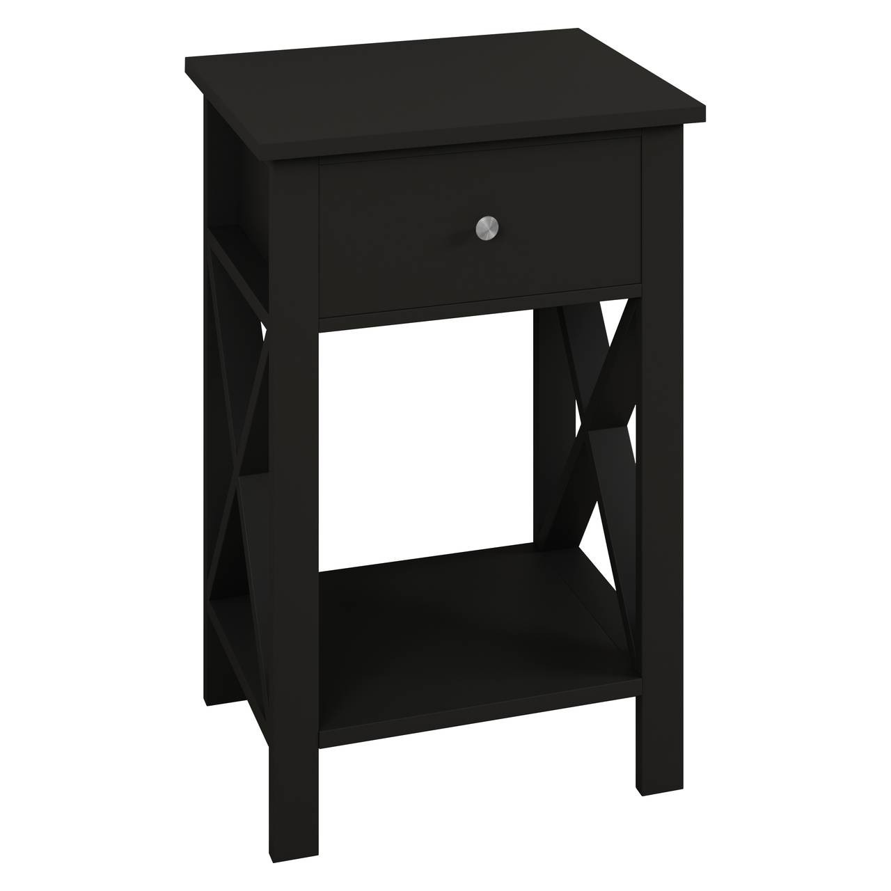Wooden 1 Drawer Bedside Sofa Side End Table X-Frame Nightstand with Storage Shelf Black 1 Black 1
