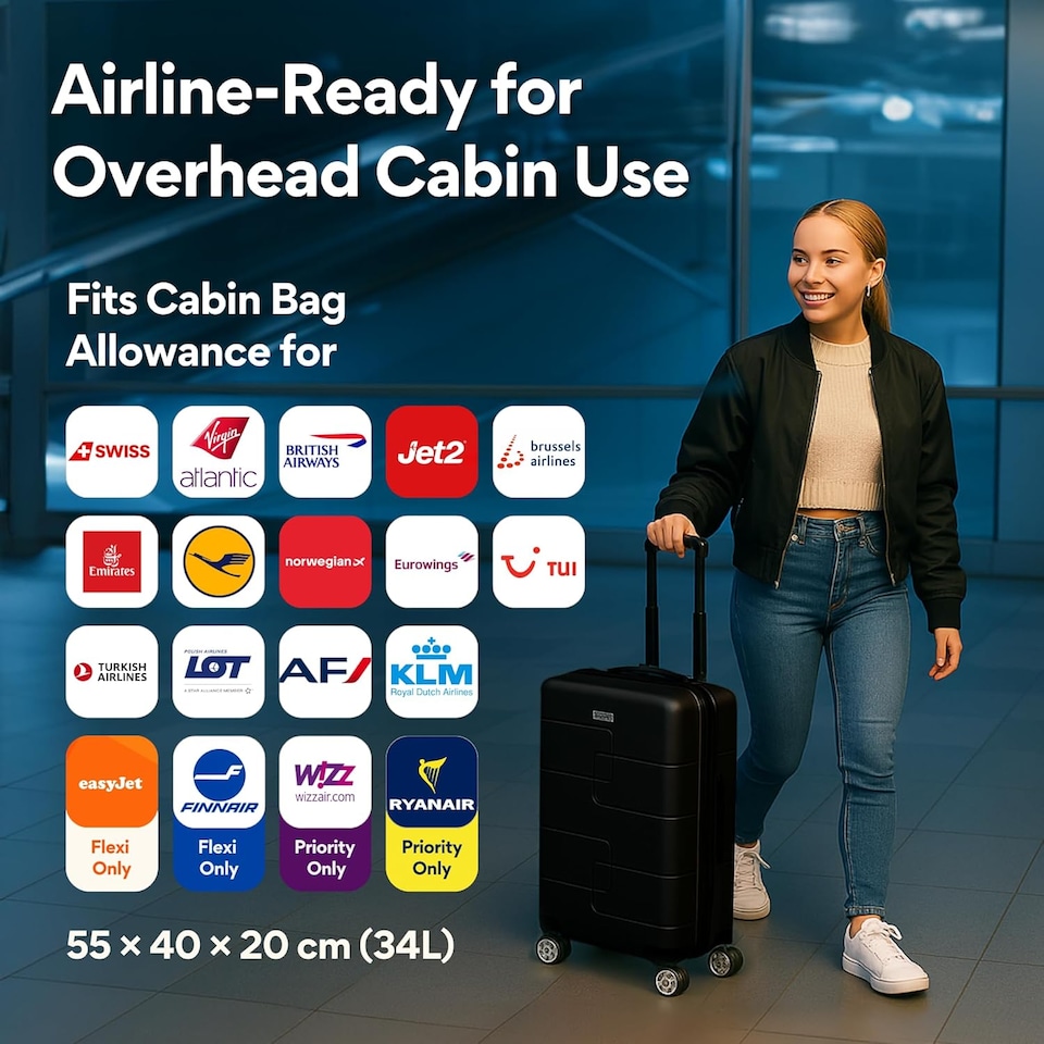 image 1 of Straame 55x40x20 cm Black Cabin Suitcase, 360° Spinner Wheels