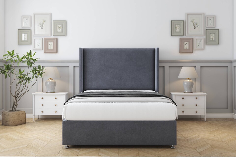 image 1 of Sloomy Devonshire Steel Plush Divan Bed Base No Drawers With 54 Inch Wingback Headboard | Grey | Steel | Small Single | 1