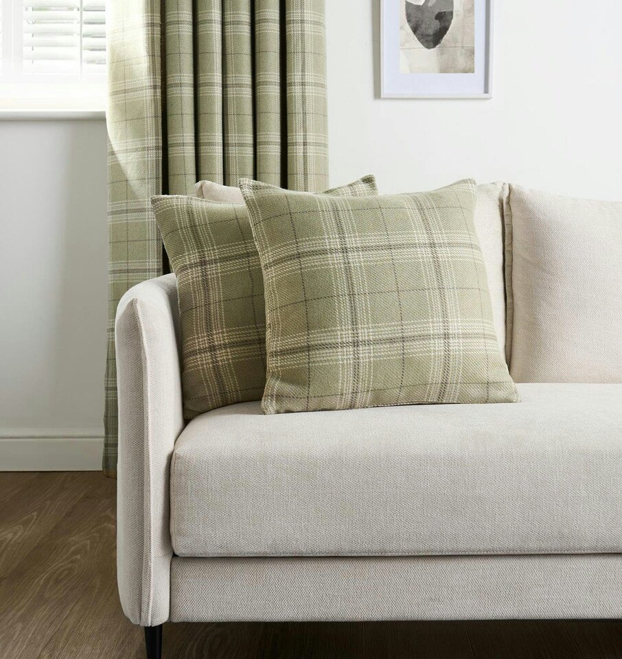 image 1 of OHS 2 x Decorative Woven Check Printed Filled Cushions, 45x45cm - Sage Green