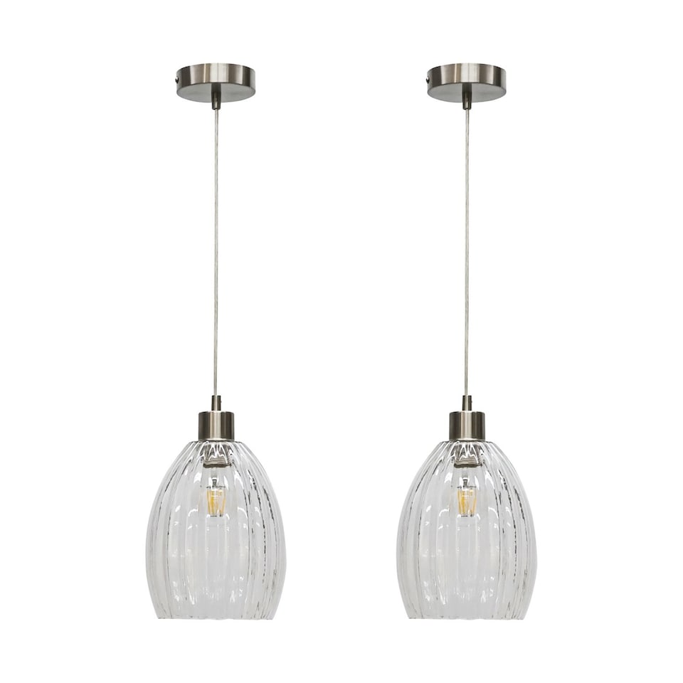image 1 of Set of 2 Birch - Clear Fluted Glass with Satin Nickel Pendant Fittings | Clear | Clear | 2