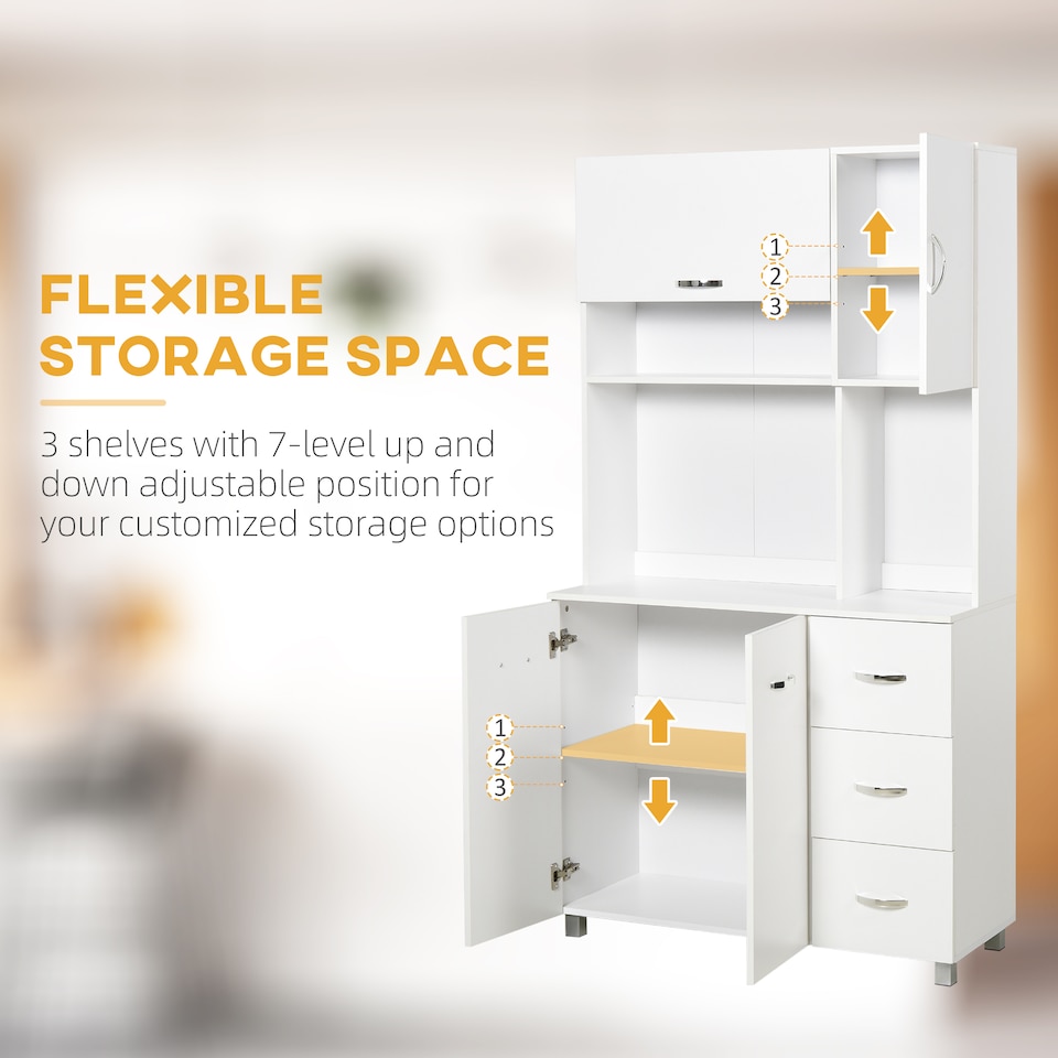 image 1 of HOMCOM Kitchen Cupboard, 183cm Tall Storage Cabinet with Countertop, Sideboard with 3 Small Drawers, Flip Up Top Door, 3 Cabinet Doors and Open Shelves, 100W x 39.5D x 183.5H cm, White