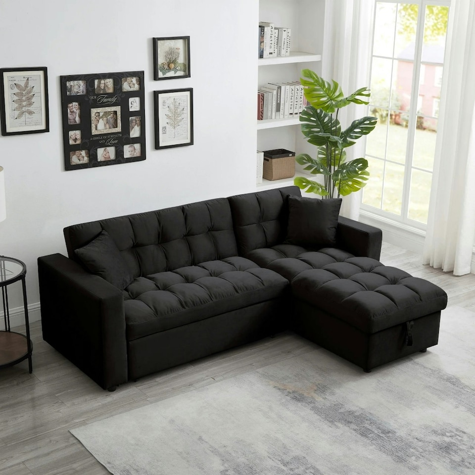 image 1 of Madrid Corner Chaise Lounge L Shape 3 Seater Sofa With With a Reversible Chaise & Pull Out Sofa Bed Black