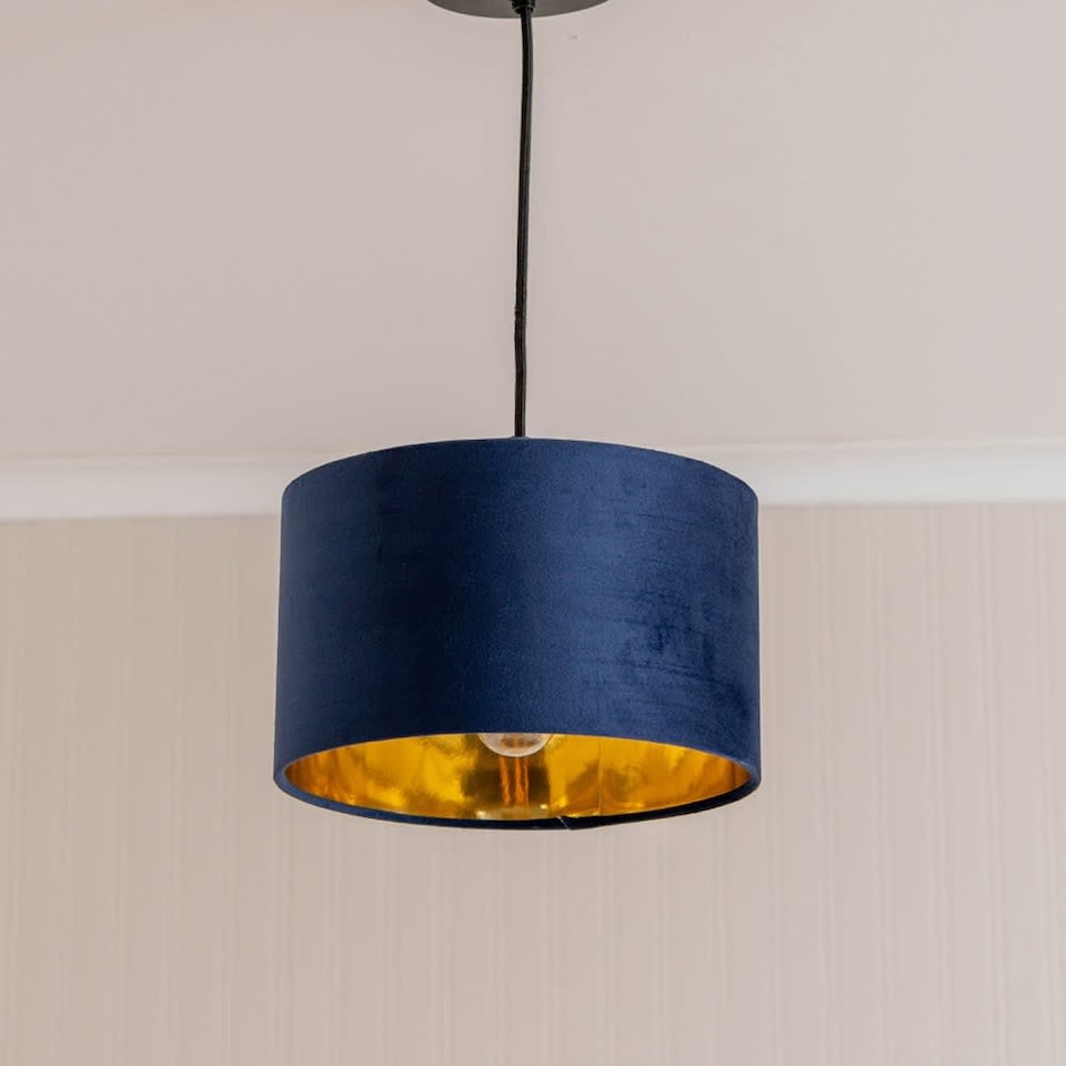 image 1 of ValueLights Reni Small Navy Velvet Gold Inner Lamp Shade & Bulb | Blue