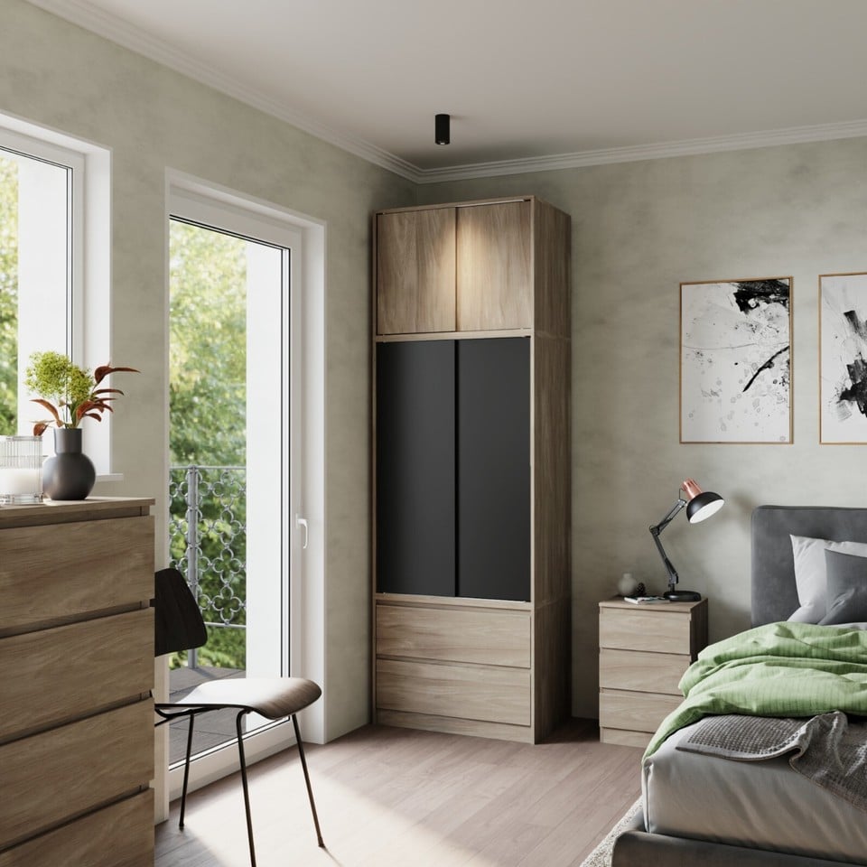 image 1 of 240cm 2 Sliding Doors Wardrobe Bedroom Storage Closet Hanging Rail Cupboard Unit | Multi | Oak Carcass & Black Doors | 1