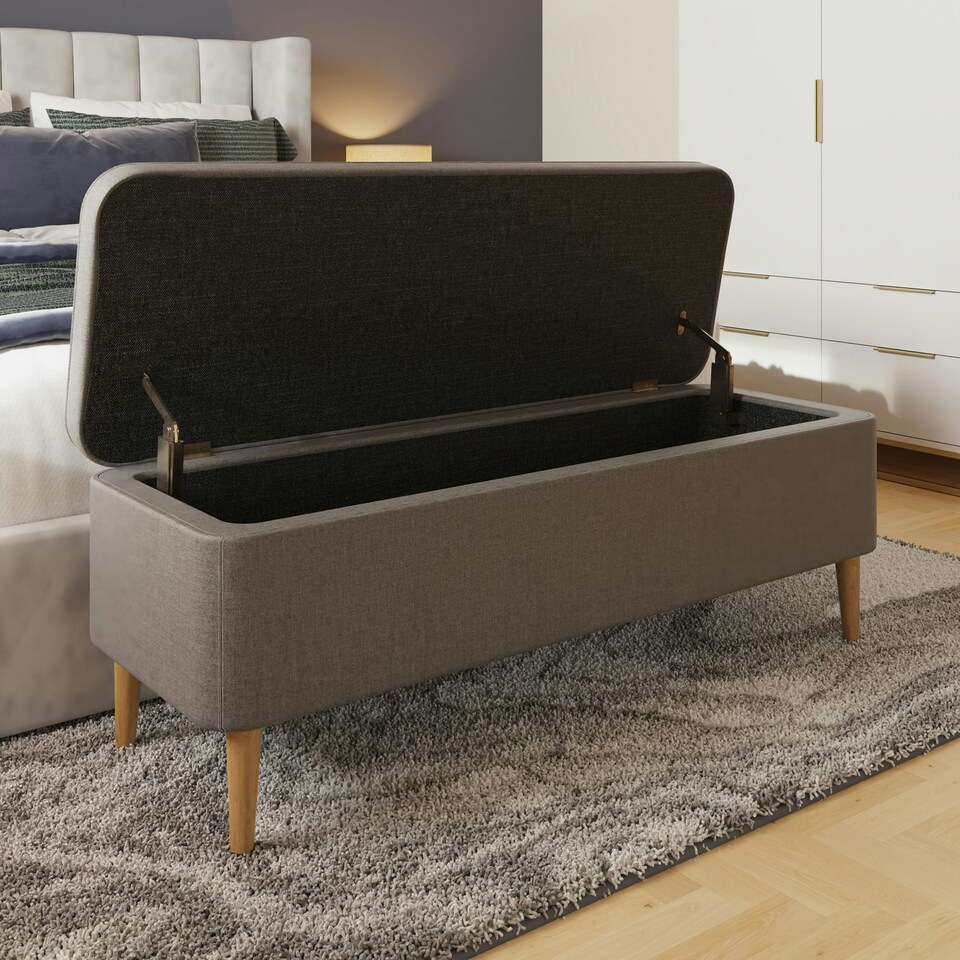 image 1 of Grey Linen Ottoman Storage Bench With Solid Wooden Legs Grey