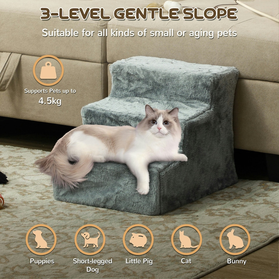 image 1 of PawHut Three-Step Portable Dog Stairs with Washable Plush Cover, for Small Pets