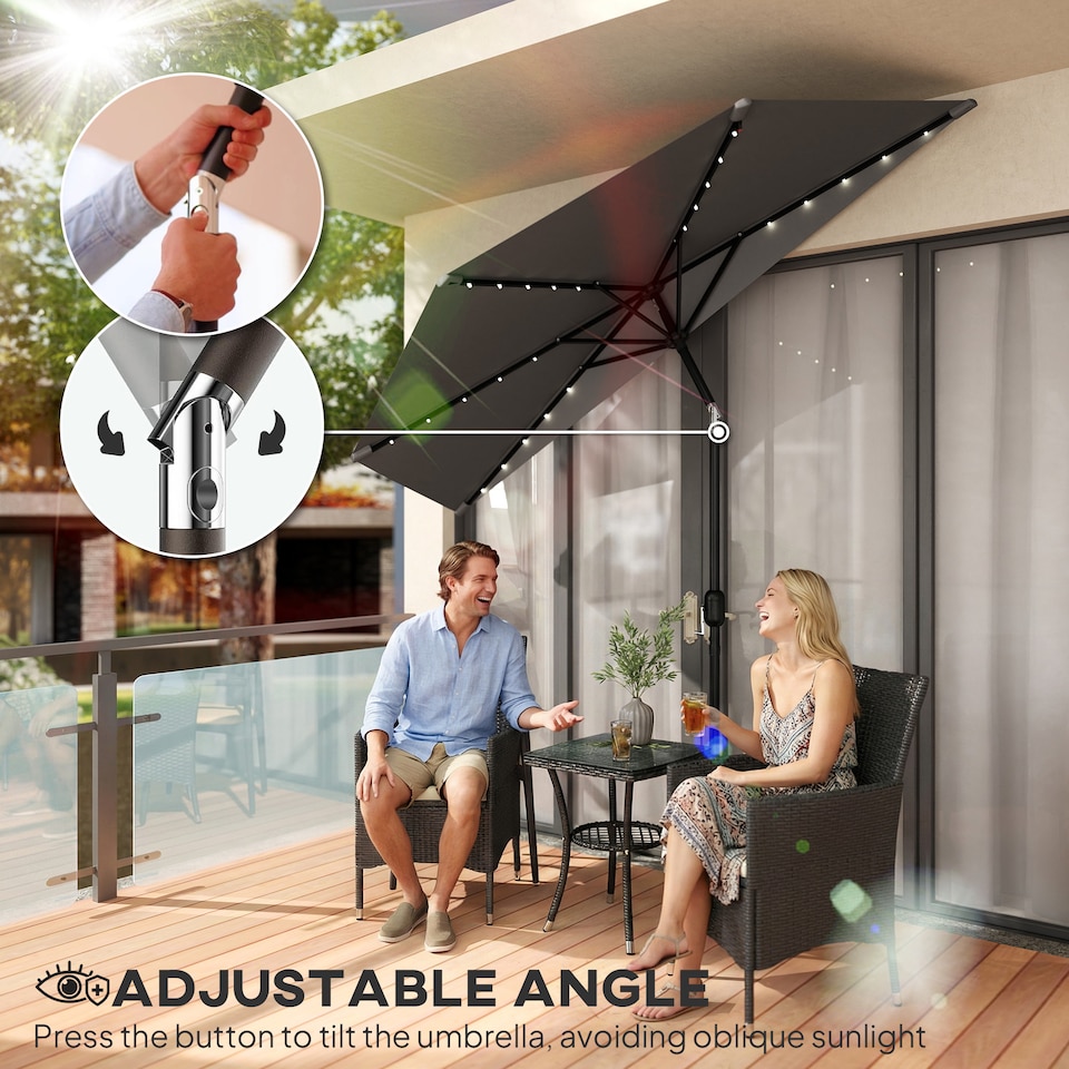 image 1 of Outsunny 2.6 m Half Parasol with Solar Lights, UPF50+ Semi Round Umbrella | Grey | Dark Grey | 265 x 135 x 239 cm