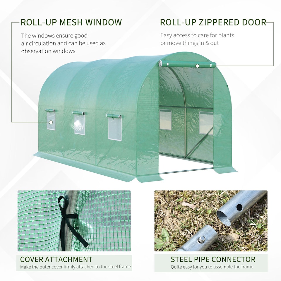 image 1 of Outsunny 4 x 2 x 2 m Polytunnel Greenhouse with Roll-up Door and 6 Windows | Green