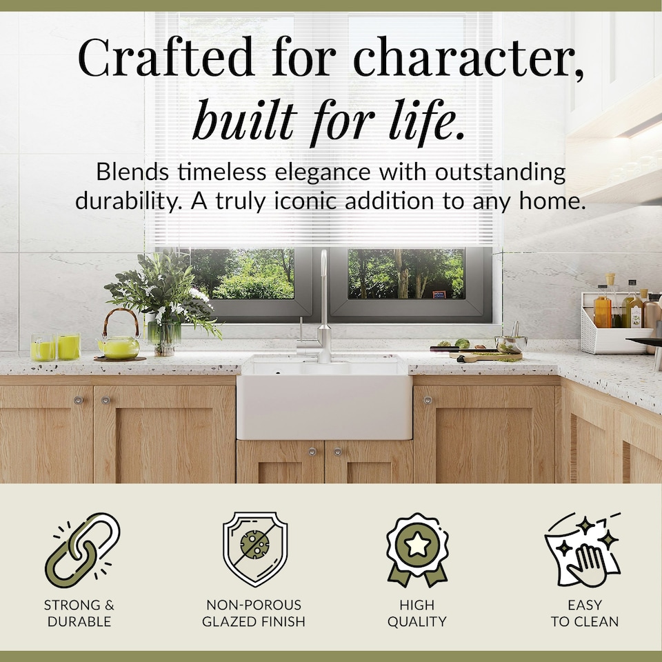 image 1 of 595mm - 1 Bowl Fireclay Butler Kitchen Sink - Tap Ledge, Hole, Overflow & Waste
