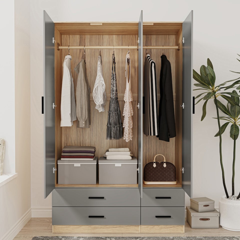 image 1 of 3 Door 4 Drawer Wardrobe With Hanging Rail And Storage Shelf | Brown | Oak Carcass & Grey Door | 1