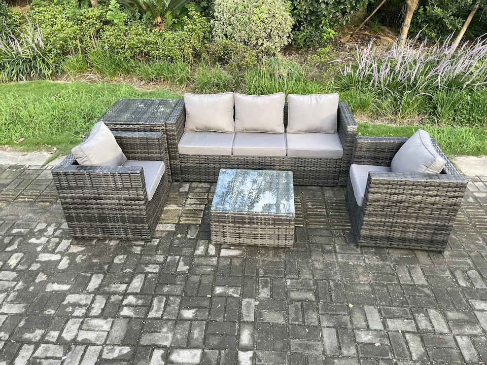 image 1 of Fimous Outdoor Lounge Sofa Set Wicker PE Rattan Garden Furniture Set with 2 Armchairs Side Table Square Coffee Table Dark Grey Mixed