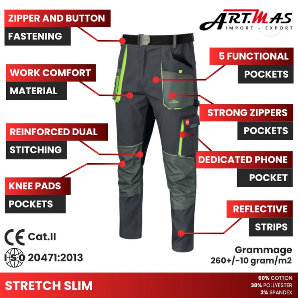 image 1 of UK28 Artmas Stretch Slim Mens Work Trousers with Durable Stretch Fabric Knee Pads and Reflective Details