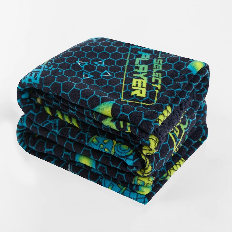 image 1 of OHS Kids Gaming Printed Throw Warm Plush Sherpa Flecce Reverse Over Bed Super Soft Blanket, 100x120cm Blue | Navy Blue