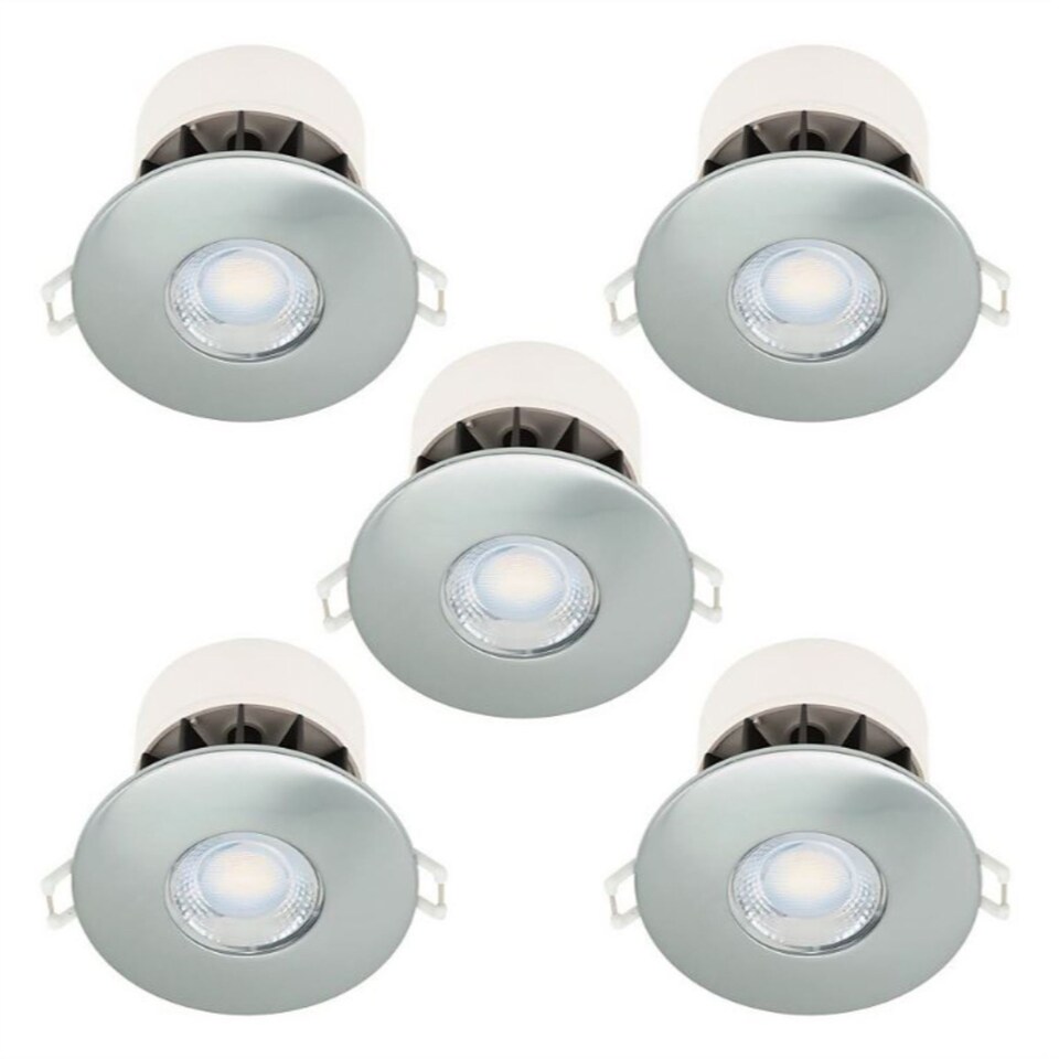 image 1 of Set of 5 Fire Rated LED Bathroom Downlights - Brushed Steel IP65 Recessed Downlights | Chrome | 5