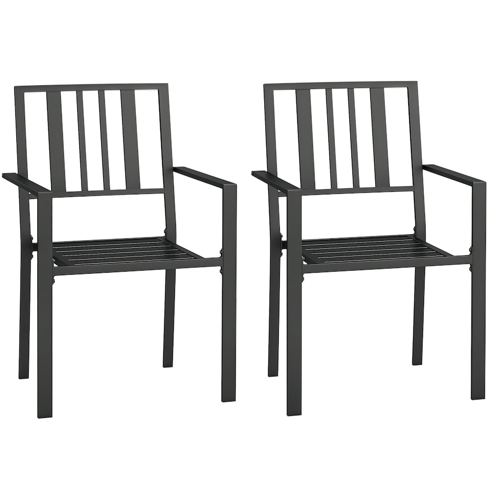 image 1 of Outsunny 2 PCs Stackable Outdoor Garden Chairs with Metal Slatted Design, Black