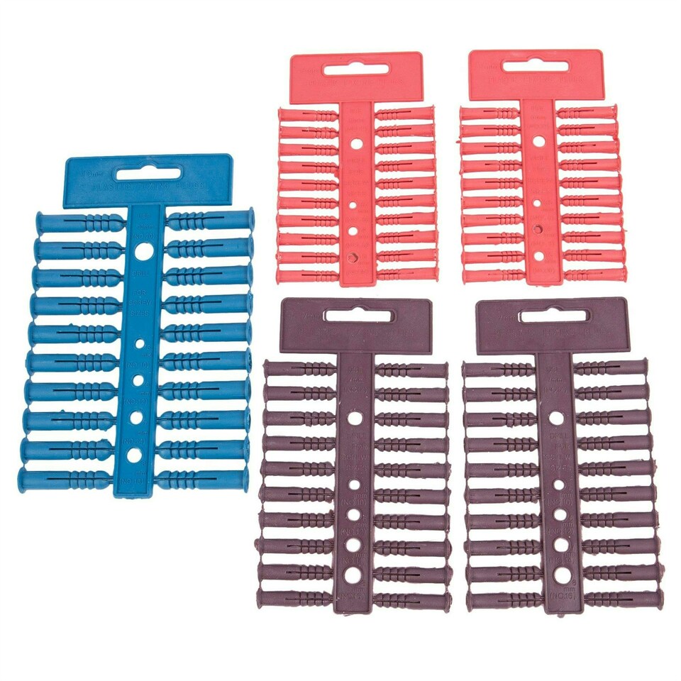 image 1 of Blackspur 100pc Plastic Wall Anchors Set - 3 Sizes - Multicolour