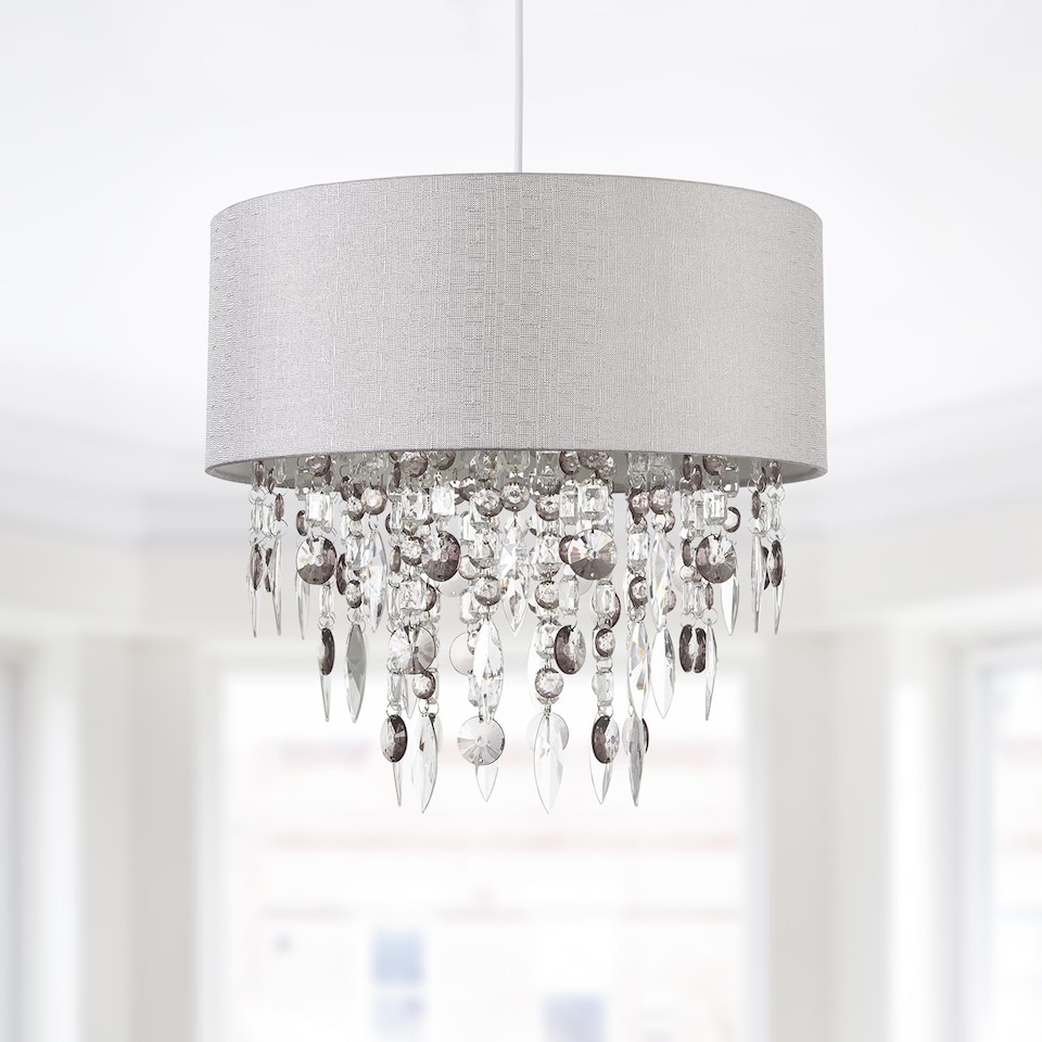 image 1 of Large 40cm Easy Fit Shade in Grey with Acrylic Droplets | Grey | Clear | Large | 1