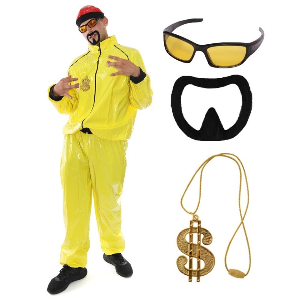 image 1 of 90's Rapper Costume - Red Hat, Glasses, Goatee & Dollar Chain Yellow | S
