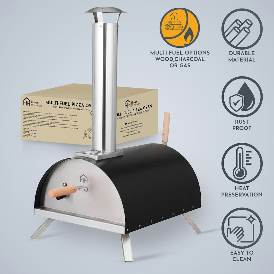 image 1 of Haven Gas & Wood Fuel Pizza Oven Built-in Thermometer & Pizza Paddle - Black/Silver