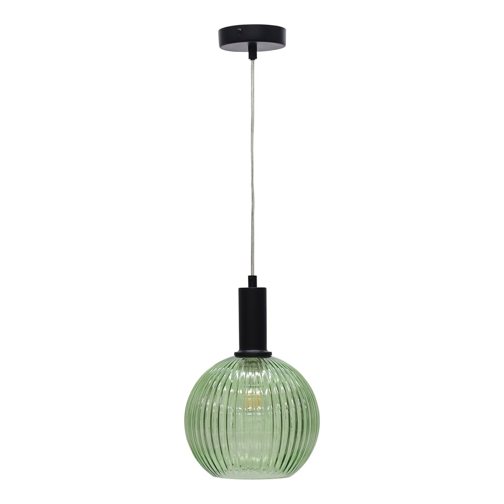 First Choice Lighting Betchley - Green Ribbed Glass Globe Black Deco Pendant Fitting