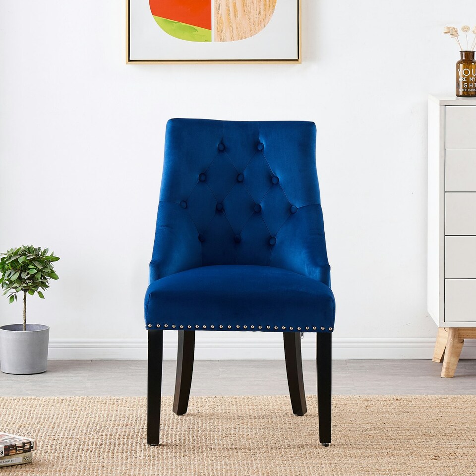 image 1 of Set of 2 Velvet Dining Chairs Ergonomic Scoop Knockerback & Button Tufted Wood Legs Blue